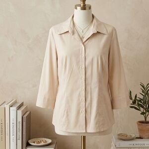 Cleo XL Beige Button Down Blouse 3/4 Sleeve Stretch Neutral Quiet Luxury Office